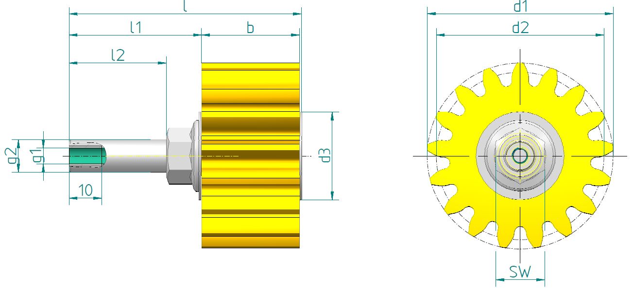 PU-Schmierzahnrad mit Achse, gerade