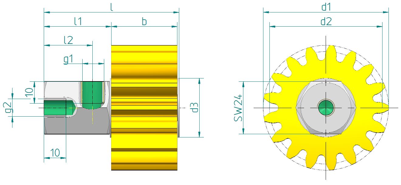 PU-Schmierzahnrad mit Achse, gewinkelt