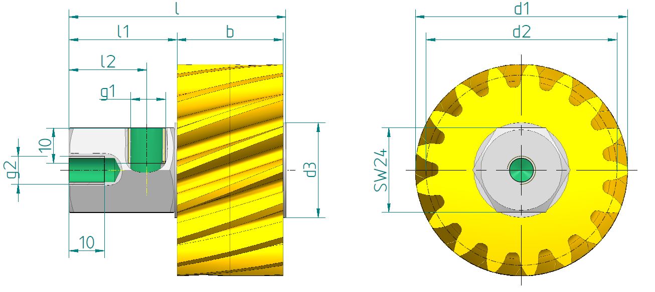 PU-Schmierzahnrad LH mit Achse, gewinkelt