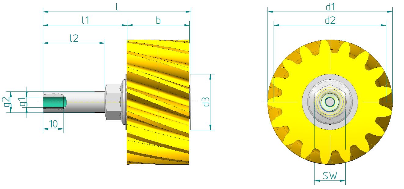 PU-Schmierzahnrad RH mit Achse, gerade
