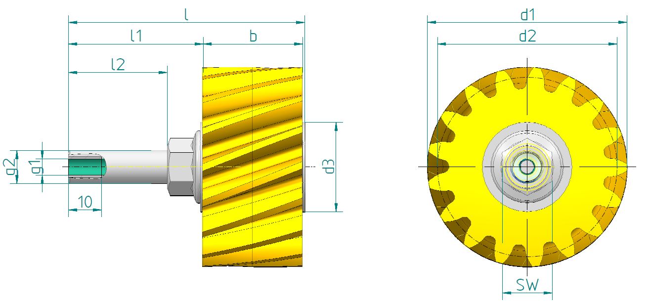 PU-Schmierzahnrad LH mit Achse, gerade