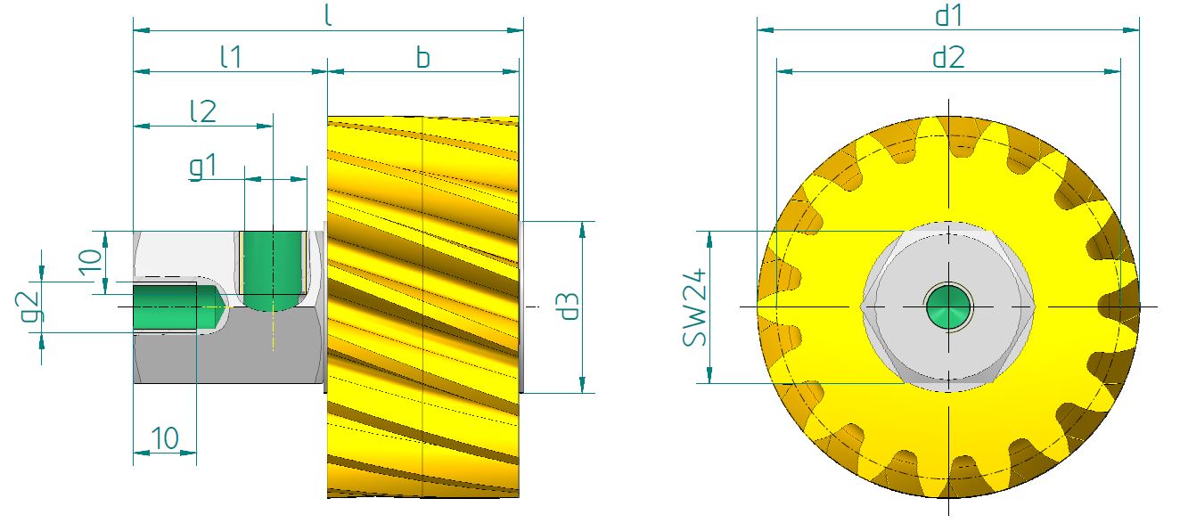 PU-Schmierzahnrad RH mit Achse, gewinkelt